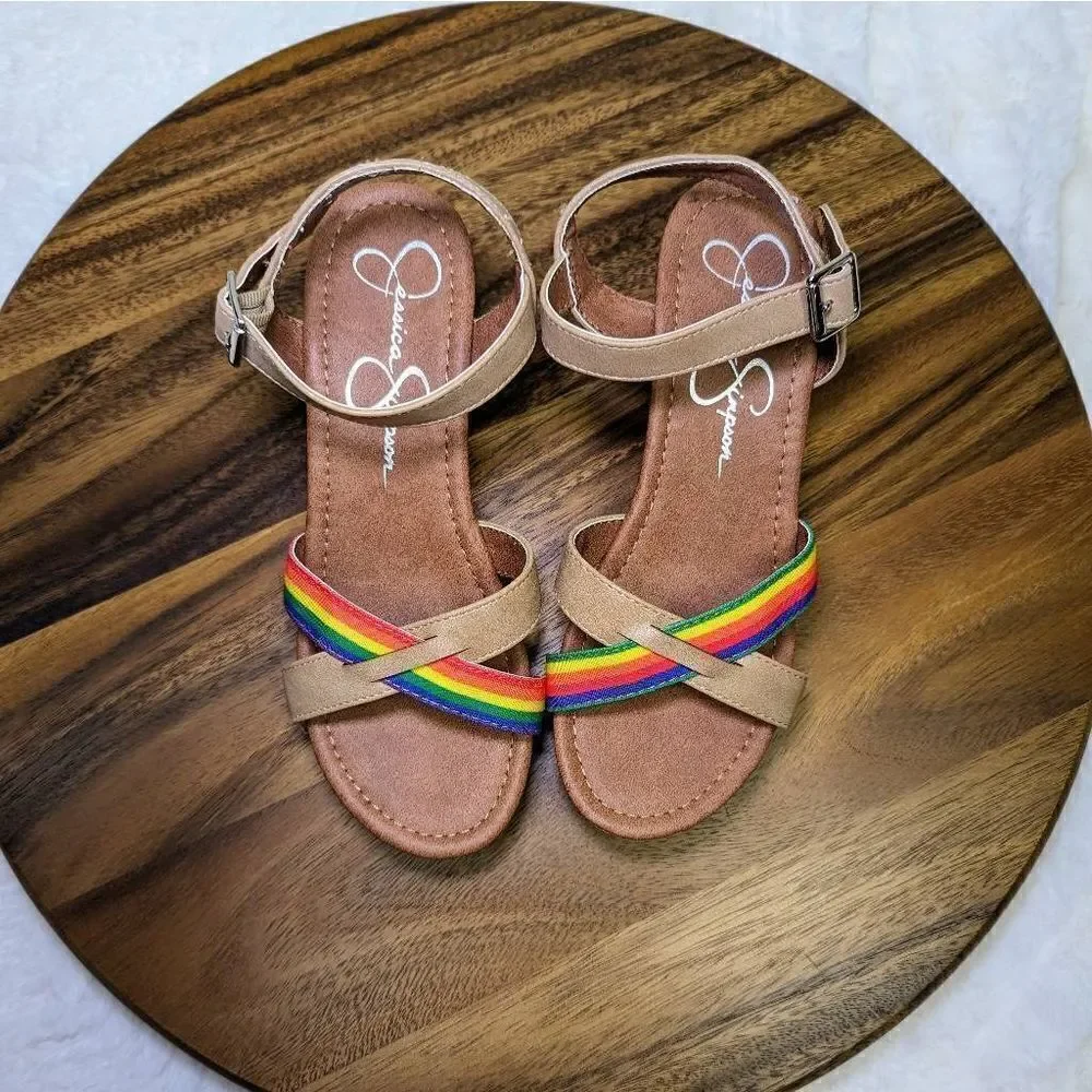 Jessica Simpson Kids Rainbow Strap Buckle Wedges Sandals Brown Size 4